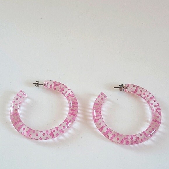 Vintage Hoop Earrings Clear Plastic Pink Polkadot 💗 - Picture 2 of 4